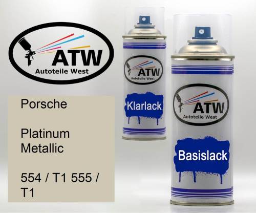 Porsche, Platinum Metallic, 554 / T1 555 / T1: 400ml Sprühdose + 400ml Klarlack - Set, von ATW Autoteile West.
